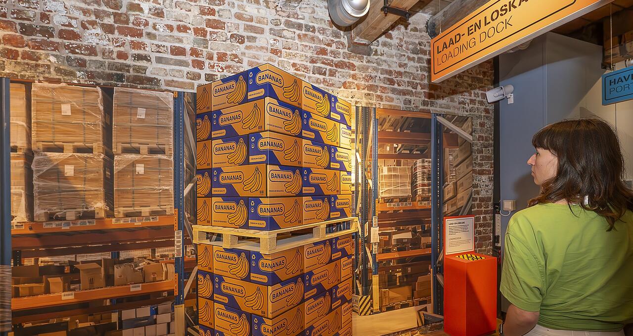 Bezoeker bekijkt pallet met bananendoxen en grote foto magazijn op achtergrond