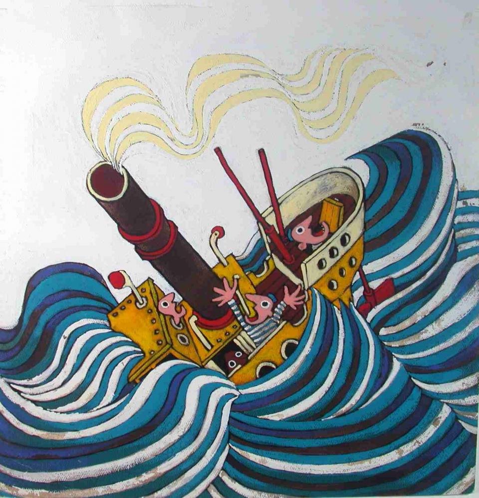 Wim Hofman - gele boot in blauwe golven